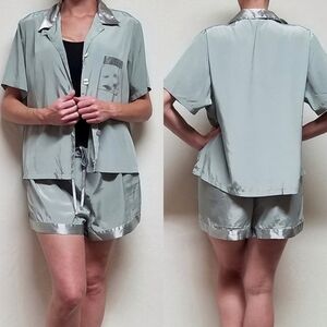 VINTAGE Victoria's Secret Sage Green Satin Trim Shorts Button Up Top Pajama Set